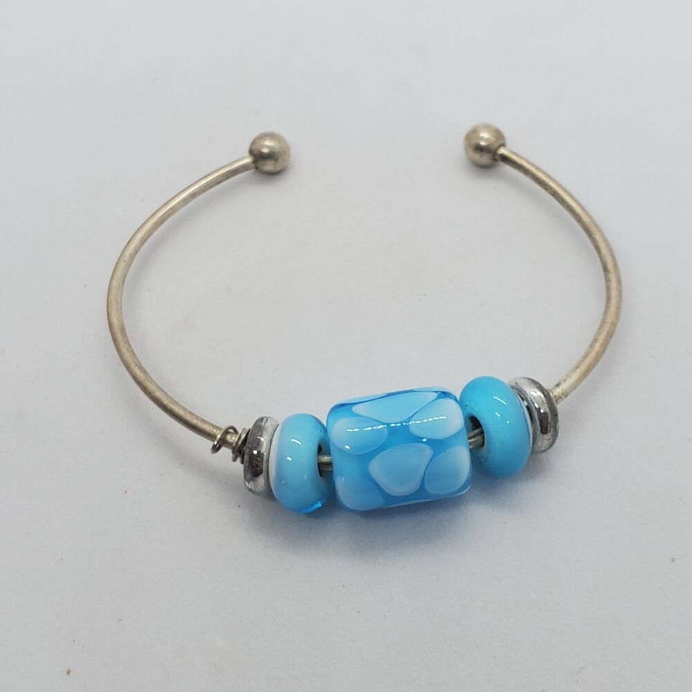 Sterling Silver and Glass Bead Cuff Bracelet 925